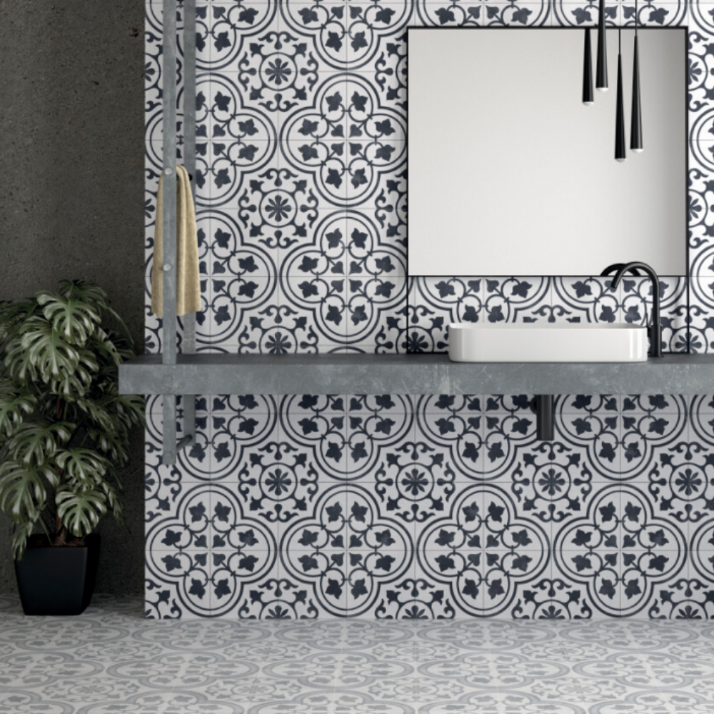 Cuban Silver Ornate Porcelain Tile 22.3 x 22.3cm-Delforno