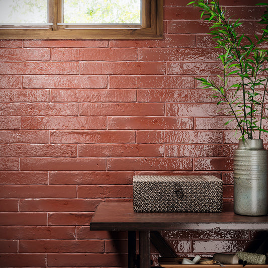 Small Format Coral Pink Craquelle Porcelain Tile 3.8 x 23.5cm-Delforno-Delforno